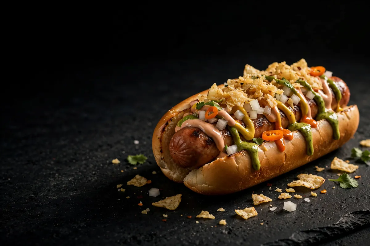 A hot dog with sauces