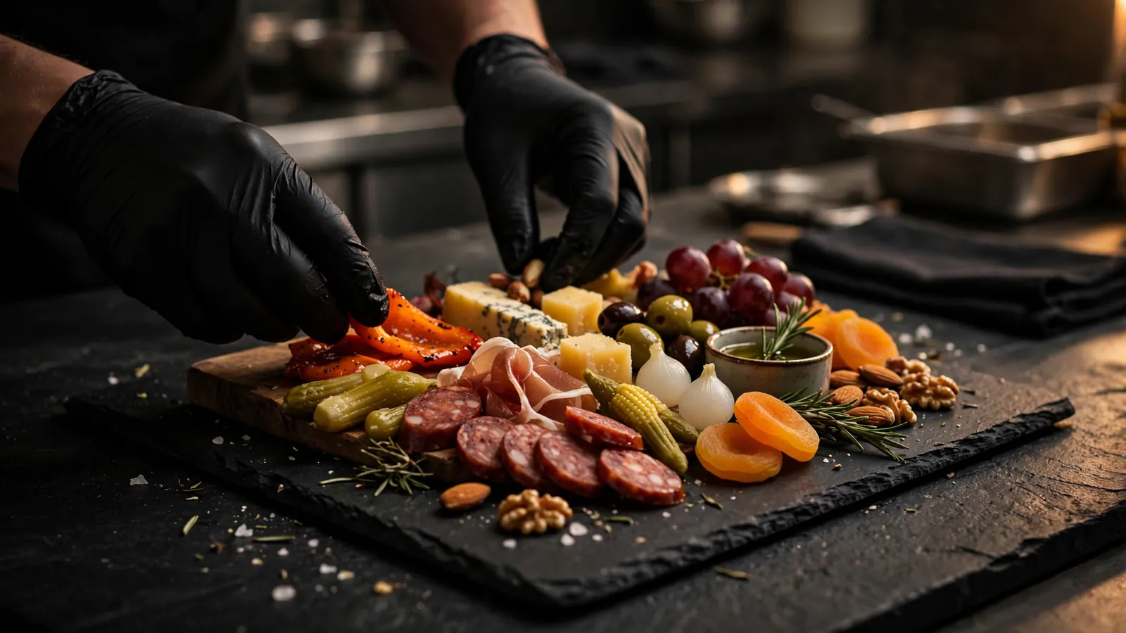 Hands arranging a picada board